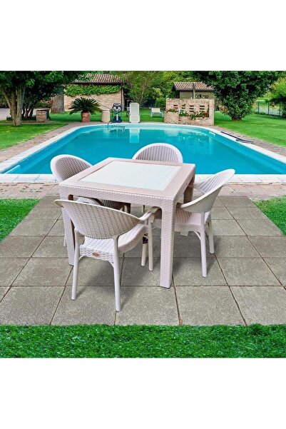 nar sokağı Bambu Kapiçino 90x90 Cm Camlı Rattan Bahçe Balkon Masa Takımı