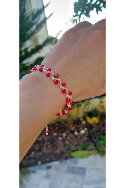 Designia Red Crystal and Pearl Beads Embroidery Elegant Bracelet