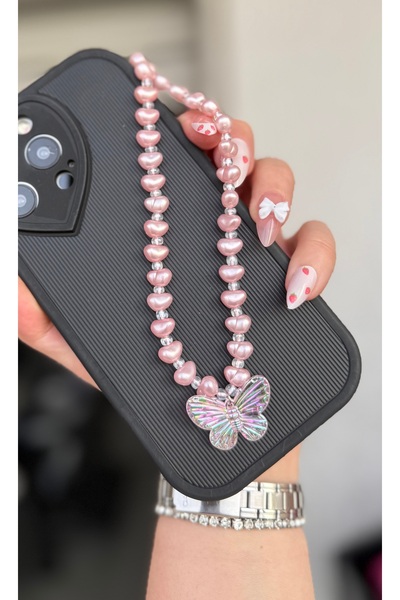 MİRAZ TASARIM MİRAZTASARIM PEMBE İNCİLİ SALLANAN KELEBEK AKSESUARLI TELEFON CHARMI TELEFON ASKISI