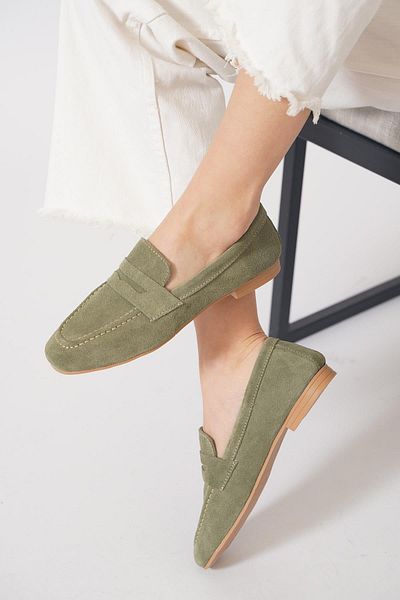 Moda Pie Balerine din piele naturală cu curea pentru femei Lesvdes, culoare kaki, piele întoarsă