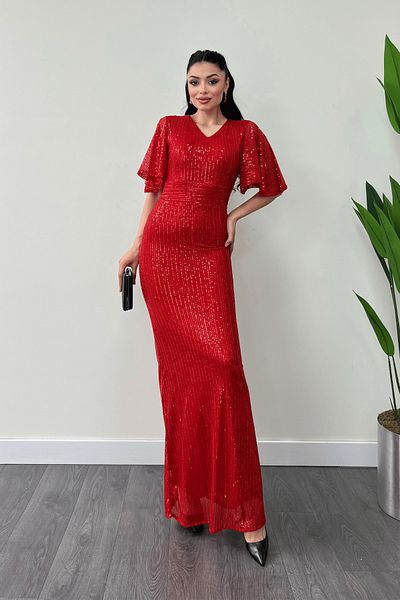 giyimmasalı Red Puff Sequin Fabric V-Neck Abiye Dress