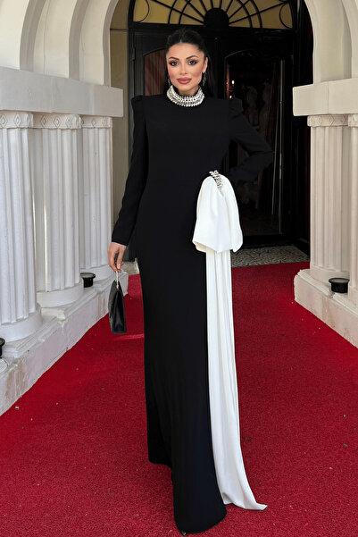 giyimmasalı Crepe Fabric Stone Bow Detailed Evening Dress - Black