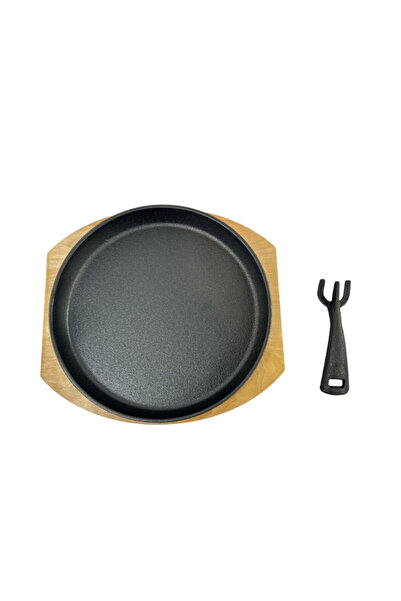 Parfait Ergonomic Handle Cast Iron Wooden Base Round Sizzling Serving Plate