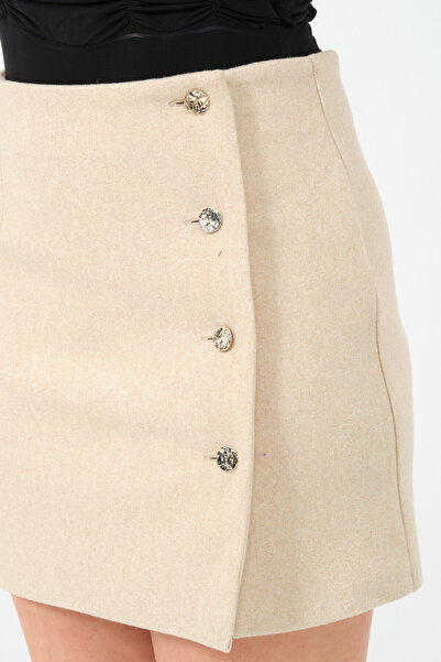 eva clothing Women's Beige Gold Button Detailed Stitched Skirt