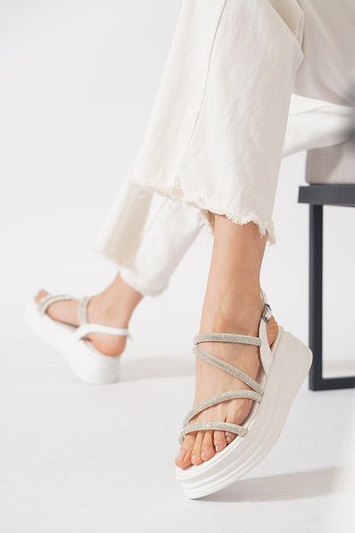 Moda Pie White Skin Sekas Tape Stone Thick Sole Women's Sandals