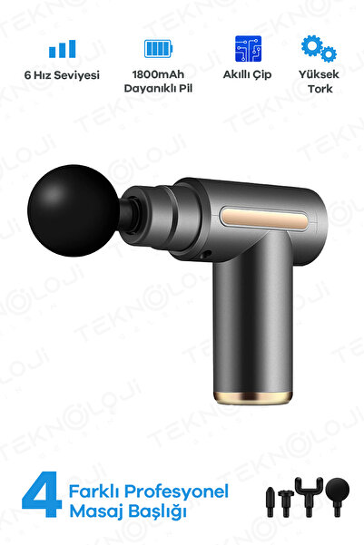 Teknoloji Gelsin Masaj Tabancası Titreşimli Darbeli 30 Watt 6 Kademe 4 Başlık...