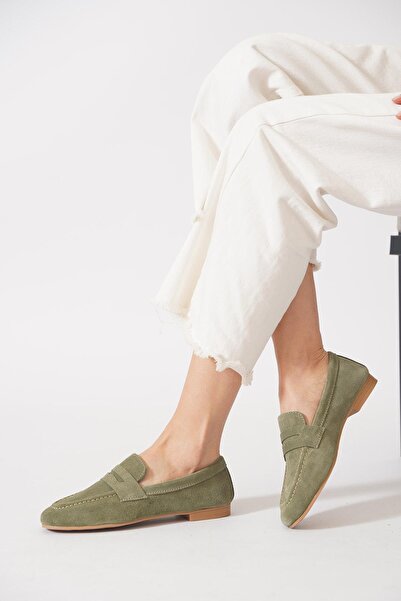 Moda Pie Lesvdes genuine leather women's belted loafer flat shoes in khaki suede