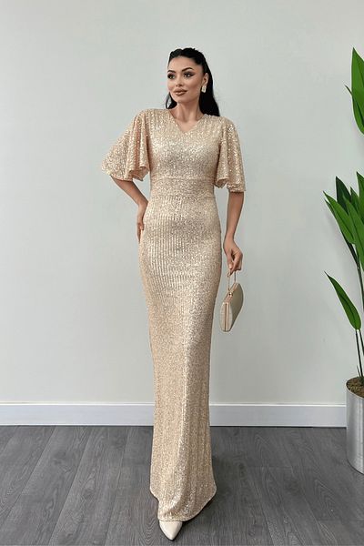 giyimmasalı Rochie de seara din tesatura cu paiete cu decolteu in V - AUR
