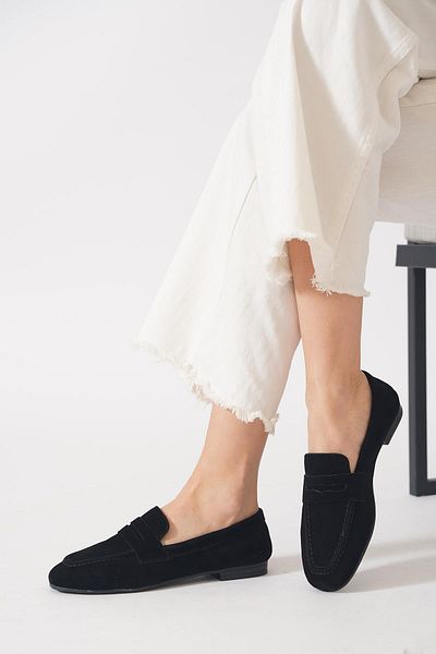 Moda Pie Balerine de damă din piele naturală cu curea Lesvdes, negre, din piele întoarsă