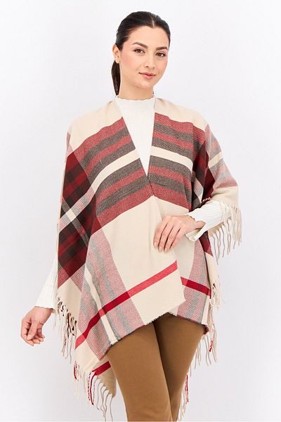 Adrienne Vittadini Women So Soft Plaid Ruana Wrap With Finges 100 L X 80 H Cm, Taupe