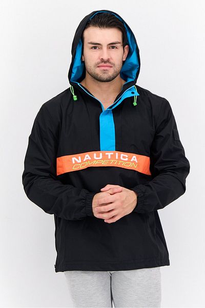 Nautica جاكيت رجالي بغطاء رأس وشعار العلامة التجارية، أسود