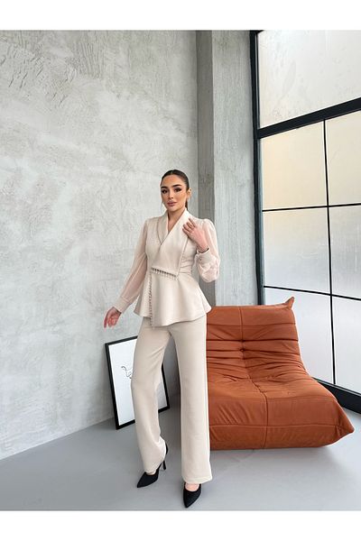 1Moda1Tarz طقم نسائي من القماش المستورد بطيات ومطرز باللؤلؤ وأزرار أكمام مفصلة وبطانة بتصميم خاص من الأعلى إلى الأسفل