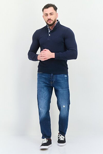 Perry Ellis Men Mock Neck Long Sleeves Embroidered Logo Sweatshirts, Navy Blue