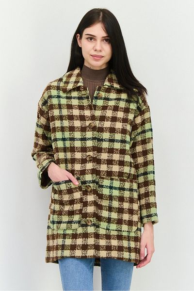 Monki Women Checkered Trench Coat, Sage Green
