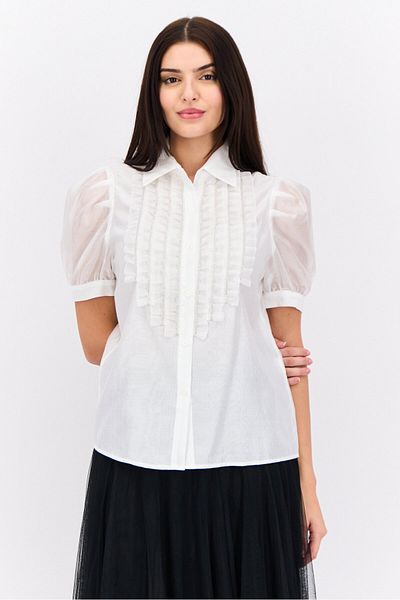 Steve Madden Women Spread Collar Short Sleeves Ruffle Shirt, White