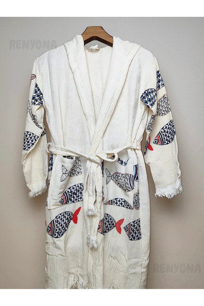renyona Balık Desenli %100 Pamuk Müslin Peştemal Bornoz