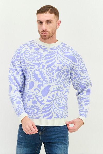 Asos Design Men Ribbed Collar Paisley Sweater, Lilac