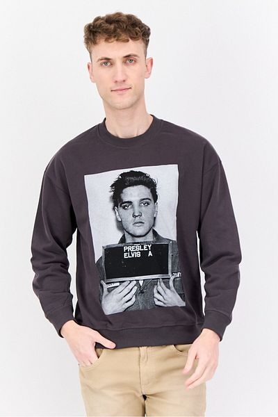 Elvis Men Crew Neck Graphic Printed Long Sleeves Sweatshirt, Grey