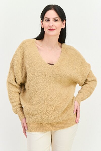 Sage The Label Women V Neck Knitted Sweater, Tan
