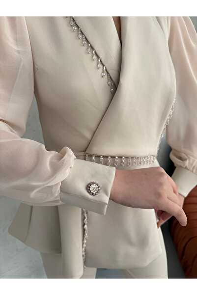 1Moda1Tarz Women's Imported Fabric Pleated Pearl Embroidered Sleeve Button Detailed Lined Special Design Bottom-Top Set