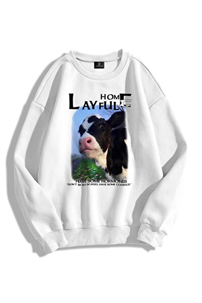 Trendiz Unisex Layful Bisiklet Yaka Sweatshirt Hoodie Beyaz