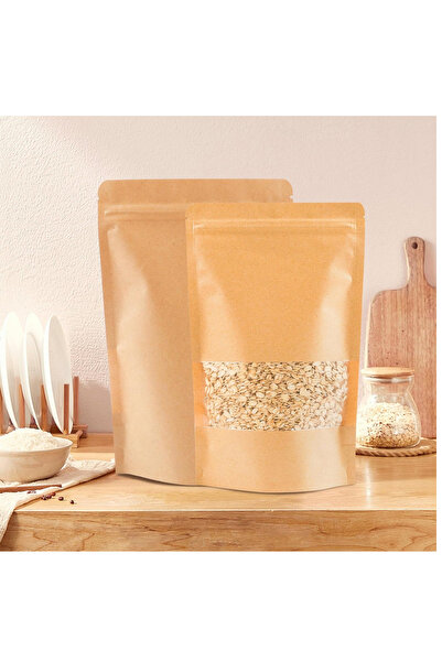 Dekals 500 Adet 13x22,5 Toptan Gıda Uyumlu Kilitli Kraft Pencereli Doypack Poşet Çok Amaçlı A Kalite