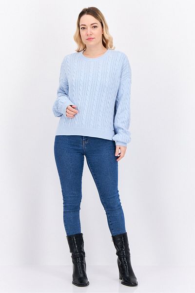 Nautica Women Round Neck Textured Sweater, Light Blue