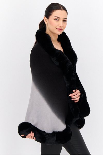 Adrienne Vittadini Women Ombre Faux Fur Poncho, Black
