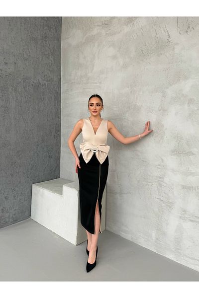 1Moda1Tarz Γυναικείο φόρεμα με λεπτομέρεια από κορδέλα με επένδυση από εισαγόμενο ύφασμα ειδικής σχεδίασης