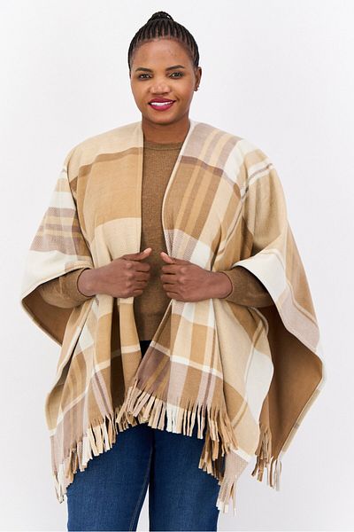 London Fog Women Checkered Poncho With Fringes, Tan
