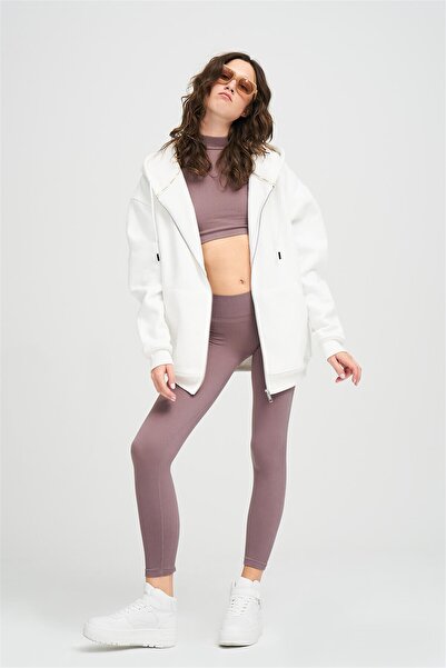 Trendiz Unisex Fermuarlı Beyaz Oversize Sweatshirt Hoodie