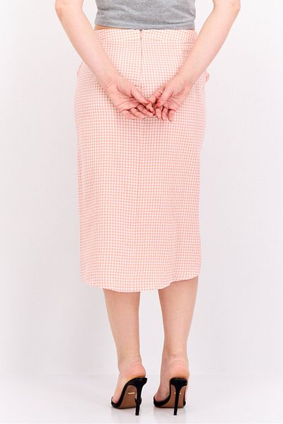 MANGO Woman Women Checkered Midi Skirt, Light Pink