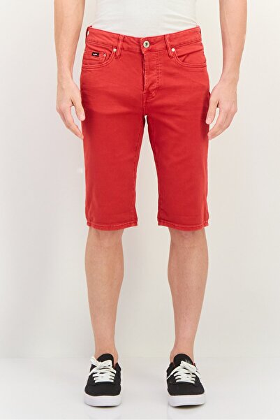 GAS شورت جينز رجالي بشعار العلامة التجارية، أحمر