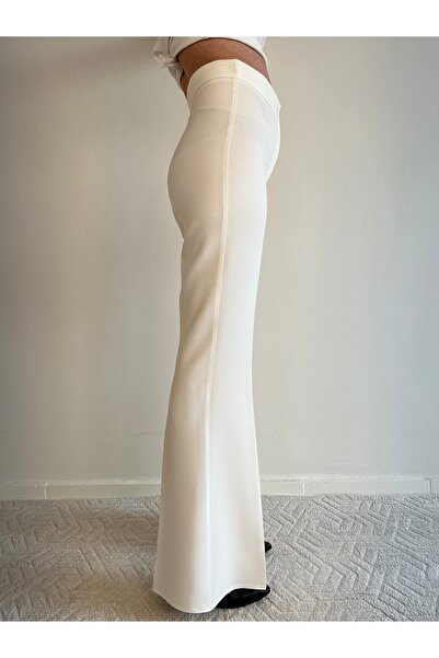 Genel Markalar Beyaz Yüksek Bel Fermuarlı İspanyol Paça Pantolon