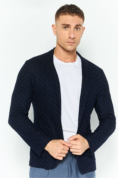Emporio Armani Men Regular Fit Textured Semi-Formal Blazer, Navy
