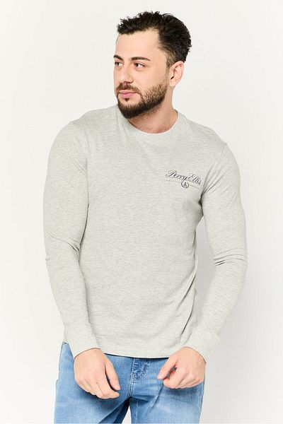 Perry Ellis سويت شيرت رجالي برقبة دائرية وأكمام طويلة وشعار العلامة التجارية، رمادي