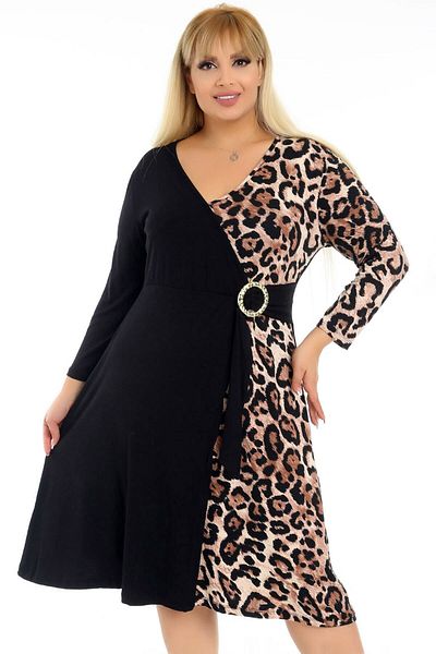 Kheos Double Color Double Breasted Large Leopard Print Belted Long Sleeve Dress