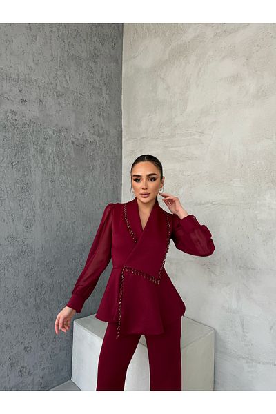 1Moda1Tarz Women's Imported Fabric Pleated Pearl Embroidered Sleeve Button Detailed Lined Special Design Bottom-Top Set