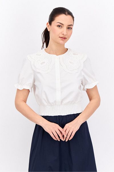 Steve Madden Women Peter Pan Collar Short Sleeves Embrodiered Blouse, White