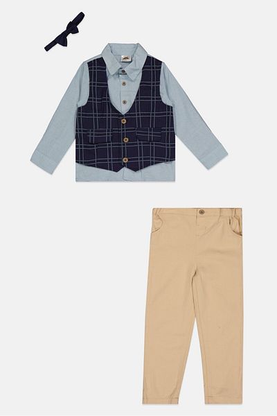 Little Gent Toddlers Boy 3 Piece Solid Shirt And Pants With Bow Tie, Blue