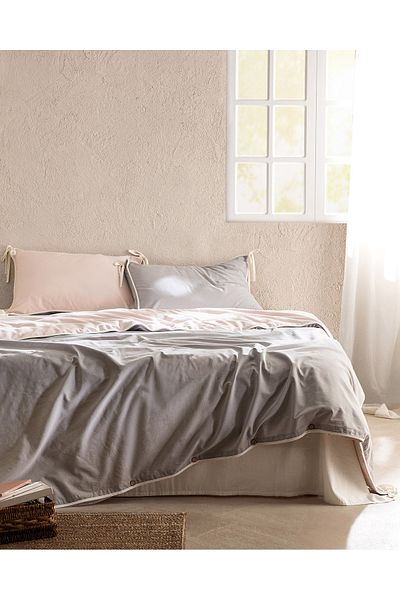 Madame Coco Aimon King Size - 100% Cotton Washed Tied Duvet Cover Set Gray/Powder