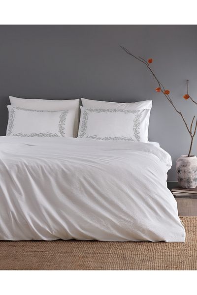 Madame Coco Linda Single 100% Cotton Embroidered Washed Seersucker Bedding Set - White/Grey