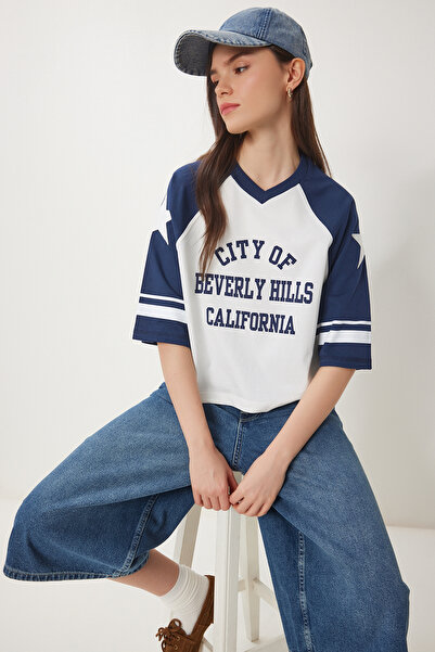 Lovelyİstanbul Πλεκτό μπλουζάκι από βαμβακερό εμπριμέ College ΣΚΟΥΡΟ ΜΠΛΕ ΛΕΥ...