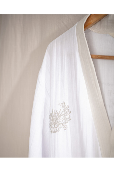 Madame Coco Cherina Women's Muslin Bathrobe - 100% Cotton, White/beige