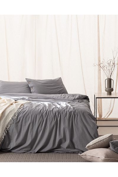 Madame Coco Linda King Size Washed Seersucker Duvet Cover Set - Dark Gray