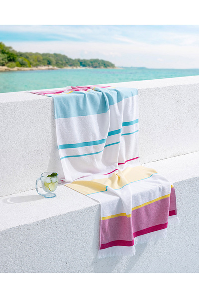 Madame Coco Ella Turquoise/Fuchsia Beach Towel - 100% Cotton, 70x150 cm