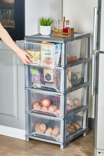 ALP HOME Şeffaf Plastik 4 Çekmeceli Komidin Sebzelik Bakliyat Dolabı Çok Amaçlı Depolama Düzenleyici
