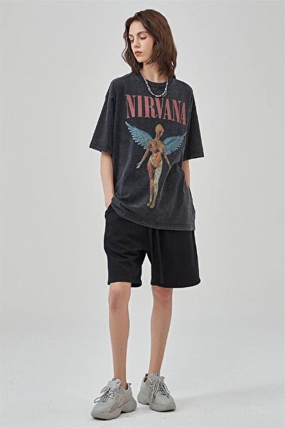 Trendiz Unisex Nirvana Angel Yıkamalı Tshirt Antrasit