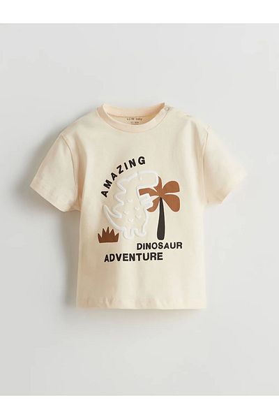 LC Waikiki Lcw Baby Beige Dinosaur Printed Baby Boy T-Shirt and Pants 2-Pack