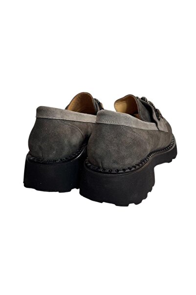 TUFAN SHOES Gri Hakiki Süet Deri Kalın Taban Loafer